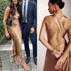 Reformation Casette Midi Dress Croissant Brown Silk‎ Cowl Neck Size 12 NWT